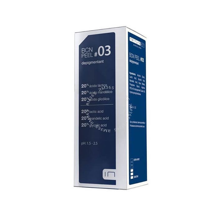 BCN Peel #03 Depigmentant is a chemical exfoliant that combines three alpha hydroxy acids (AHAs): lactic acid, mandelic acid and glycolic acid. It is characterised by its depigmenting, antioxidant and regenerative action. BCN Peel #03 Depigmentant is a chemical exfoliant that combines three alpha hydroxy acids (AHAs): lactic acid, mandelic acid and glycolic acid. It is characterised by its depigmenting, antioxidant and regenerative action.
