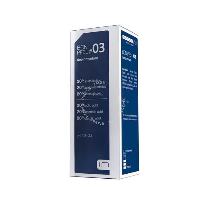 BCN Peel #03 Depigmentant is a chemical exfoliant that combines three alpha hydroxy acids (AHAs): lactic acid, mandelic acid and glycolic acid. It is characterised by its depigmenting, antioxidant and regenerative action.