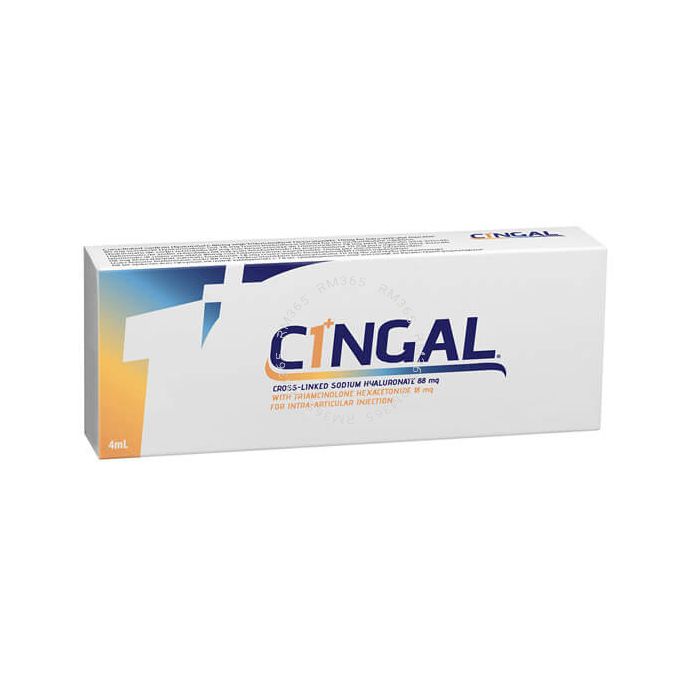 Cingal is the first and only CE mark approved combination product formulated to provide the benefit of a cross-linked hyaluronic acid (HA) and a fast acting steroid. Cingal is the first and only CE mark approved combination product formulated to provide the benefit of a cross-linked hyaluronic acid (HA) and a fast acting steroid.