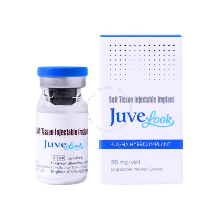 Juvelook is a hybrid filler which have connected both benefits of immediate filling efect of HA (hyaluronic acid) and long-term stimulation of collagen production by  PDLLA (Poly D,L – lactide).


