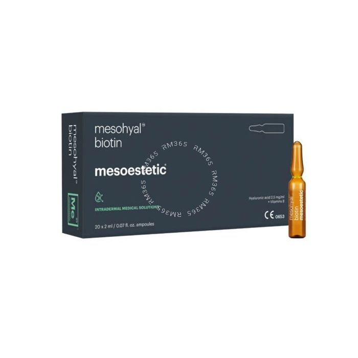 MESOESTETIC MESOHUAL BIOTIN 20 x 2 ml per pack Mesohyal Biotin is a revitalizing treatment based on blend of 0.5% vitamin B8, mineral salts and non-crosslinked hyaluronic acid. It is indicated as a treatment for reactivation of epidermal cell metabolism a