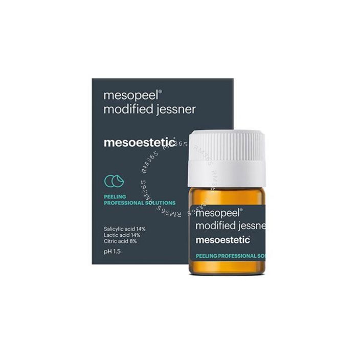 Mesoestetic Mesopeel Modified Jessner
14% salicylic acid + 14% lactic acid + 8% citric acid
Broad-spectrum peel.
mild to moderate photoaging, expression lines and superficial wrinkles, loss of firmness, dilated pores, dull and opaque skin.
hyperpigmen