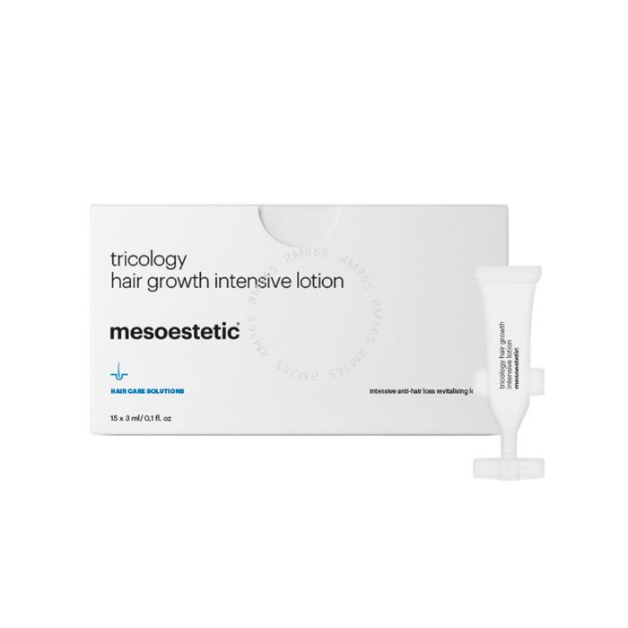 Mesoestetic Tricology Hair Growth Intensive Lotion is an Intensive anti-hair loss treatment lotion with scalp revitalizing action. Combats in a differentiated manner the multiple factors responsible for androgenetic alopecia in men and women: promotes blo Mesoestetic Tricology Hair Growth Intensive Lotion is an Intensive anti-hair loss treatment lotion with scalp revitalizing action. Combats in a differentiated manner the multiple factors responsible for androgenetic alopecia in men and women: promotes blo