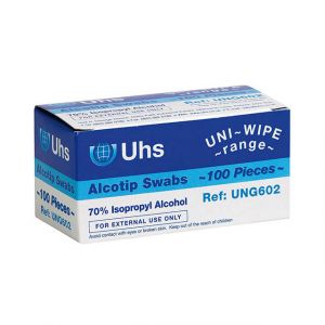 Alcotip alcohol swabs are used on unbroken skin prior to injections to clean the needle insertion area.  These pre-injection swabs can also be used to clean skin of excess oils before attaching dressings.