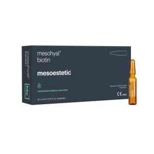 MESOESTETIC MESOHUAL BIOTIN 20 x 2 ml per pack Mesohyal Biotin is a revitalizing treatment based on blend of 0.5% vitamin B8, mineral salts and non-crosslinked hyaluronic acid. It is indicated as a treatment for reactivation of epidermal cell metabolism a